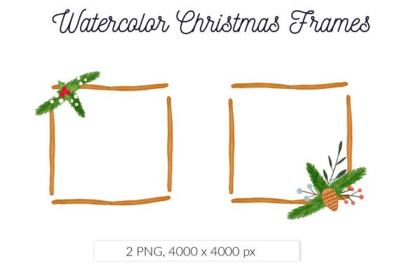 Watercolor Christmas Floral Wooden Frame Digital Clipart